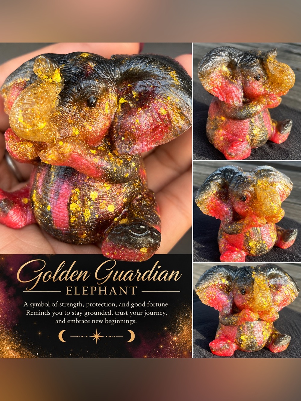 Red black and gold resin elephant